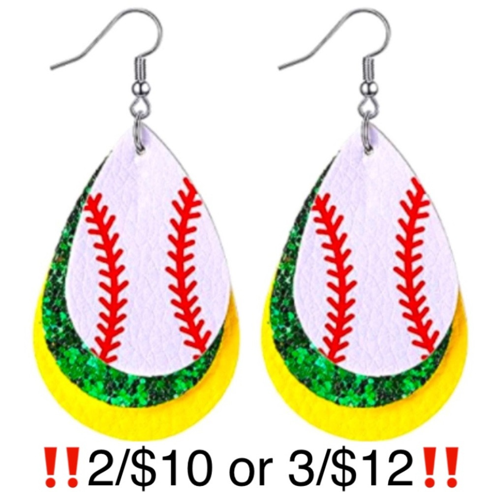 Baseball Faux Leather Dangling Layered Glitter Earrings, Yellow & Green
